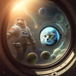 hyper-realistic spaceship interior with floating astronaut and cat, milkyway view through porthole, 8k resolution, high-quality, fine-detail, detailed matte, intricate, 3D octane render, illustration, digital art, brian froud, howard lyon, anna dittman, greg rutowski,