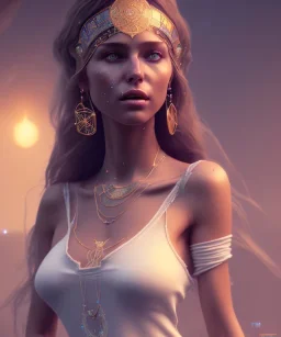 Gipsy, beautiful, curvy body, white fabric dress, beautiful long hair, bandana covering head, long earings, head and shoulders portrait, holding tarot card, 8k resolution concept art portrait by Greg Rutkowski, Unreal Engine 5 volumetric lighting