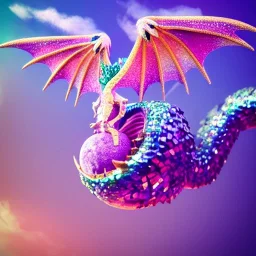 cute, adorable baby dragon made of crystals and gems, glittery scales, iridescent wings, sitting on a cloud of cotton candy, muted rainbow colors, intricate, fine detail, 8k, sharp, crisp, high-quality, 3d octane render, blender