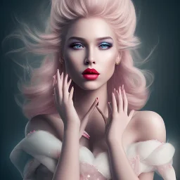 a princess wearing a lot of makeup and painted nails, with pink lipstick,with a blonde nice hairstyle, dramatic, dramatic lighting, volumetric lighting, hyperrealism, 8k, high quality, photorealistic, lot of details