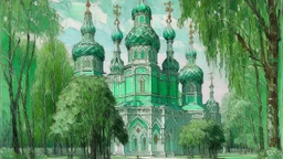 A mint colored Russian cathedral painted by Claude Monet