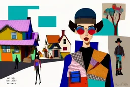 whimsical arafed nonsense, patchwork vibe, acrylic and ink painting of a cozy village main street on undulating hills with color (((minimal))) sketches of village people with (((extremely long limbs))), (((oversize head))), sharp color contrasts, amazing shadows, (((exaggerated limbs and head))), minimal cozy, warm palette, bright bold warm summer colors, color leak, sparse bright orange-red splinters, heavily distorted views, amazing parallels, amazing reflections
