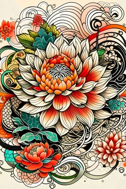 Create a captivating modern 2d tattoo design for print , prestigious floral competition using the elegant influences of japan art style, for print, dynamic elements from fashion and design, and bold Pop Art aesthetics, framing centered in the center, distanced from the edges of the paper perimeter.,