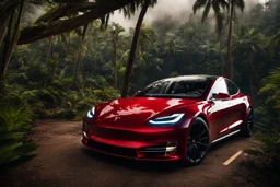 A Tesla's 'Model S Plaid' is drifting at top speed, amid the 'Jurassic Park' jungle. CINEMATIC. WIDE ANGLE LENS. PHOTO REAL.