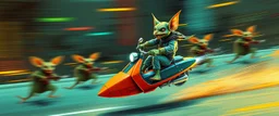 hi speed rocket ship on leaning scooter in a swing, coated gremlin captain in high speed pursuit among neon rat cyber soldiers, with background motion blur, airbrush and pen outline