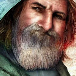 dnd, dwarf, priest, heavy armour, plate armour, portrait, only face, close up, grey beard, long hair, artistic, colourful, frowning