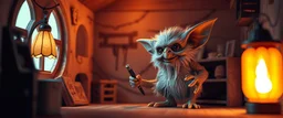 air brush 3d with pen outline,spaghetti western fluffy elder gremlin edgy hero, shallow depth of field, warm lantern, pin hole cam in doll house, bottom floor board edge border