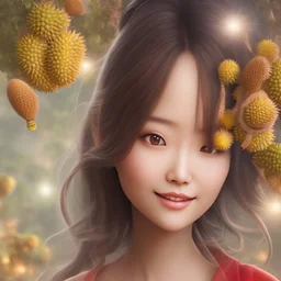 bust of chinese girl hobbit, smiling, happy, symmetrical eyes, soft light, durian, bananas, insects, lamp, soft light, RTX, style Léon Frédéric