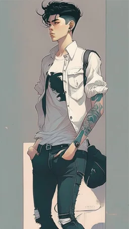 Teen man, black hair, perfect face, style of tomer hanuka, jeans, white, t-shirt, pompadour