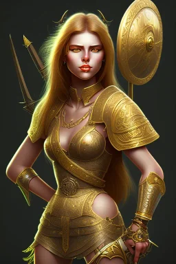 lady warrior with gold short top and flower