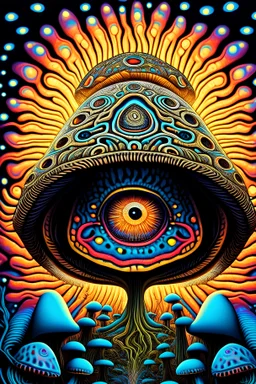 mushroom that have in the middle of its stem half closed eye and the background has of each corner humanoid entity looking at the mushroom with psychedelic eyes in mandala shape background