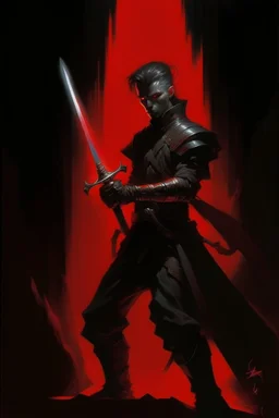 1970's dark fantasy cover dnd style oil painting of a sword hero with black outfit with minimalist far perspective. Red glow.