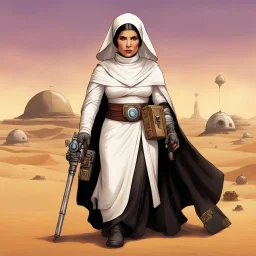 Princess Leia as a tattooed gangsta nun in her iconic Tatooine outfit, her Jawa friend is on her side, they are fierce and ready to fight