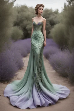 Stunning utopian mermaid gown with lavender and sage green. Hyper realistic standing model