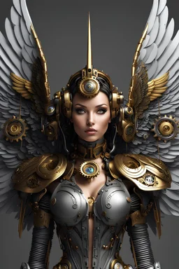 Lady Angel cyborg straddle wings, detailed, intricate,gears cogs cables wires circuits, gold silver chrome copper