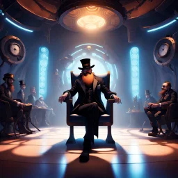 In a futuristic room, designed in a Pixar Disney style, a undertaker with a long beard is sitting on a chair. The floor has a subtle shadow, adding depth to the image. The chair is placed at the center of the room, and the guy is dressed in stylish Steampunk fashion, including a fancy hat. The entire picture exudes a creative and entertaining atmosphere, as Avatar