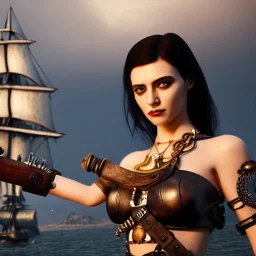 realistic, young model with sword, short black hair. holding a sword black tatoo on arm. dressed a steampunk pirate, bra with carved leather. Salvador dalì style. Ships in background with high details. 4k, unreal engine.