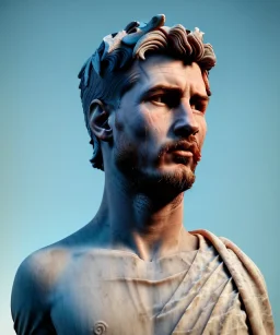 Gran angular, Realistic image, roman sculpture, marble material, Lionel Messi with Laurel wreath model, miguel angel style, God light, god rays, 4k resolution, perfect details, ornate details, soft lighting, unreal engine 5, soft cyan background.