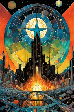 Create a chaotic abstract cubist Tarot Card depicting a post apocalyptic, The Star , with highly detailed features, in the style of Bill Sienkiewicz, Philippe Druillet, Gustav Klimt, and Jean Giraud Moebius, precisely drawn, colored and inked