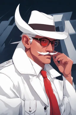 An old male crimson red tiefling wearing a white police comisioner outfit, he is also wearing glasses, he has a white scruffy mustache, and a small black fedora.