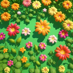 stylized game asset render of flowers, top-down view