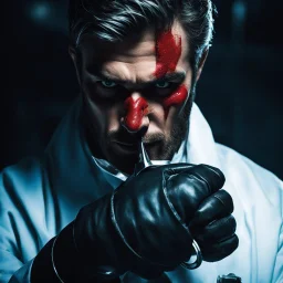 The surgeon's eyes gleamed with a sinister intensity as he stared directly at the camera, his middle finger pressed against his lips in a gesture of silence. The dim light in the operating room flickered ominously, casting eerie shadows across his scarred face and blood-stained gloves. A scimitar in place of his scalpel