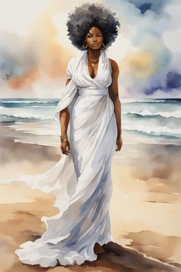 Create an urban culture watercolor painting of a beautiful thick black female wearing a soft white maxi dress and a white hair wrap. Prominent make up with lush lashes. Highly detailed tightly curly afro. Background of her walking in the sand by the ocean.