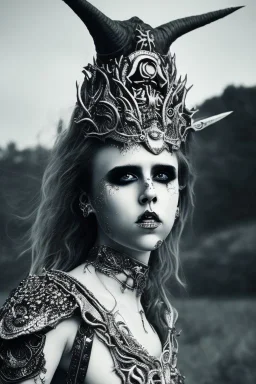 Danish singer MØ face, darkness style witch smiling end hell sureal blade high blood horn