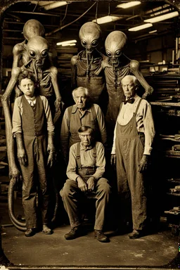 1900's black and white vintage photo, interior, working (alien) organ manufacturing factory warehouse, unhappy and angry,stange long grey alien human hybrid creature with a family that is super sad, captured on square format film, grainy brown, aged, old men depressed, tired