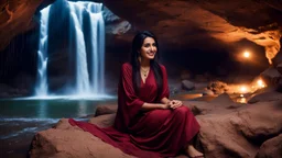 Hyper Realistic Photographic Outside View Of A Gorgeous Pashto Young Woman (Wearing Simple Maroon Colored Dress & Wearing Plain Maroon Dupatta On Her Neck) Happily Sitting & Smiling Boldy In A Cave & Showing Her Long Black Hair & her Legs Are In The Lakewater With Waterfall View Outside, With Heavy Rain Outside Cave At Dark Night Showing Dramatic & Cinematic Ambiance.