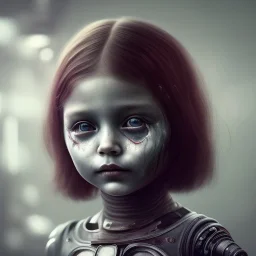 a little girl with a half cyborg face and a lot of red liquid around her, steam punk, scary, horror, realistic, made in octane, cinematic, ultra-realistic, extremely detailed octane rendering, 8K, VRAY Super Real ar 2:3, dof photorealistic futuristic 50mm lens hard lighting dark gray tintype photograph, realistic lighting, sephia colors