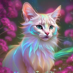 In a dreamlike realm, a mystical iridescent cat with a luminescent coat perches gracefully on a bed of glowing dandelions flowers, amidst a surreal landscape of swirling celestial clouds and iridescent stars, evoking a sense of magic and enchantment, influenced by Studio Ghibli's animated style, with soft rainbow pastel hues and delicate brushstrokes. Rendered in a watercolor style with soft brush strokes.