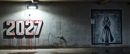 background of firing squad execution wall(wet textured concrete, gray, old, cracked, billet holes, blood stained, 1 wall light) from underground parking, german style, a large blocky upside down "2027" painted on left(old faded paint, red stains running down and past), cyberpunk, to the right a larger mural of a handmaid hung by a noose, Republic of Gilead