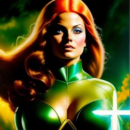 portrait oil on canvas, beautiful busty Jean Grey,green eyes, ,minimal armor,comic book cover, mystical colors,insanely detailed,realistic,intrincate detail, 16k resolution, masterpiece,Frank Frazetta,Alex Horley, Simon Bisley