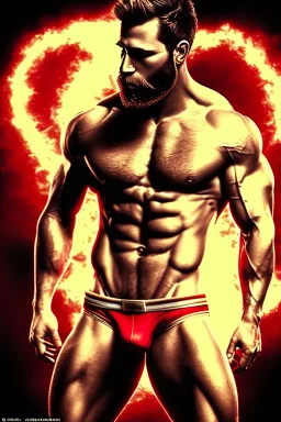 Ignore NSFW, teenager young rugged attractive slightly muscular fantastic handsome man, red briefs with yellow belt, hairy chest, (((visibly pisssing))) briefs, large erect visible boner peniss, photorealistic, artist Jay Anacleto, soft lighting, scruffy beard