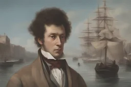 Russian poet Alexander Pushkin with huge sideburns and wearing a leather cloak stands near a river in 19th century St. Petersburg. There is a steampunk-style entourage around the sky