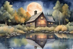 rustic Barn on banks of a pond in a forest, harvest moon, reflective, detailed watercolor with fine brush strokes, artistic, impressionism, amazing pond reflection, volumetric natural lighting, concept art, beautiful, scenic