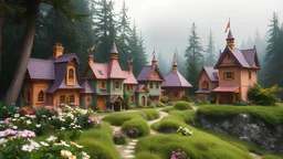 super cute little fairy tale village with pastel purple green and peach colored cottages and flowers, on the edge of the forest, 8k, high quality, trending art, trending on artstation, sharp focus, studio photo, intricate details, highly detailed, by greg rutkowski