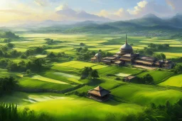 Beautiful Digital Painting art Landscape villages islamic Mosque,surrounded rice paddy fields