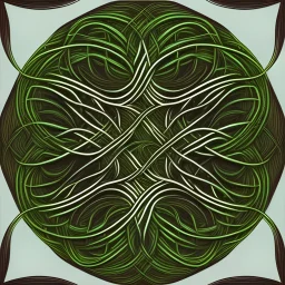 Drawing of two vines forming a circle. One vine is green and one is brown. There are no leaves on the vines.