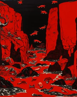 A dark red coast with a cavern filled with vampire bats designed in ancient Greek pottery painted by Henri Matisse