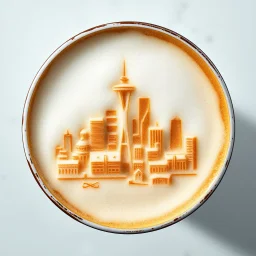 close up top-down view of a latte with a maximal complex Seattle city skyline formed in the milky foam, 2D miniature city outline, professional photography, looks like an advertising campaign photo, delicious