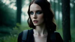 beautiful Kacey Rohl with smoky eyes makeup, blue eyes, in the walking dead universe. Bad atitude. symmetrical. scared. backpack