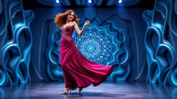 modern stage with gray-blue theme artistic decoration , color full dynamic lighting, a beautiful lady in modern maxy dark purple red dress with shining silver jwells dancing, 3D recursive fractal structure animating background