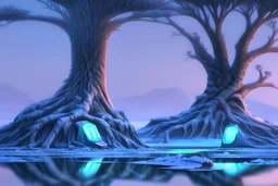 Ice blocks near one tree, night, lagoon reflection, sci-fi, epic,