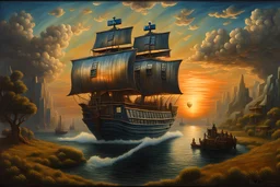 Tardis - ship Resembling the Flying Dutchman at sunset of the ark by mike axelso, oil on canvas, in the style of hyperrealistic environments, dutch genre scenes, grisaille, fantastical ruins, nostalgic rural life depictions, venetian scenes, barroco, cloudpunk, steampunk roads and orchards and trees and fields and mountains and medieval cities, the city is crossed by a big river that a big medieval stone bridge, large walls surround the city, flawless form of existence