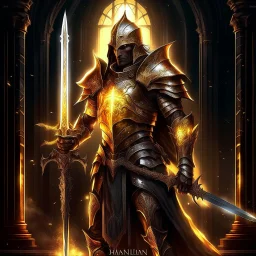 heavy metal album cover art, magical paladin holding glowing golden sword, profound, dramatic, high resolution, sword and sorcery aesthetic, dark fantasy, moody, grand, text "VALDRIN" in heavy metal font