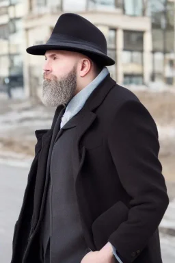 White skin bald man with brown little beard and blue eyes in elegant black coat and hat