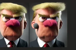 Angry muppet trump, Human nose, in suit, eyebrows, spray tan