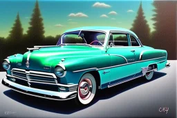 a true-to-life 1950 Ford Club Coupe, centered, intricate, extreme detailed, photorealism, center view, suburb background, pivot on ford, pen and color marker, painting by cheryl kelley